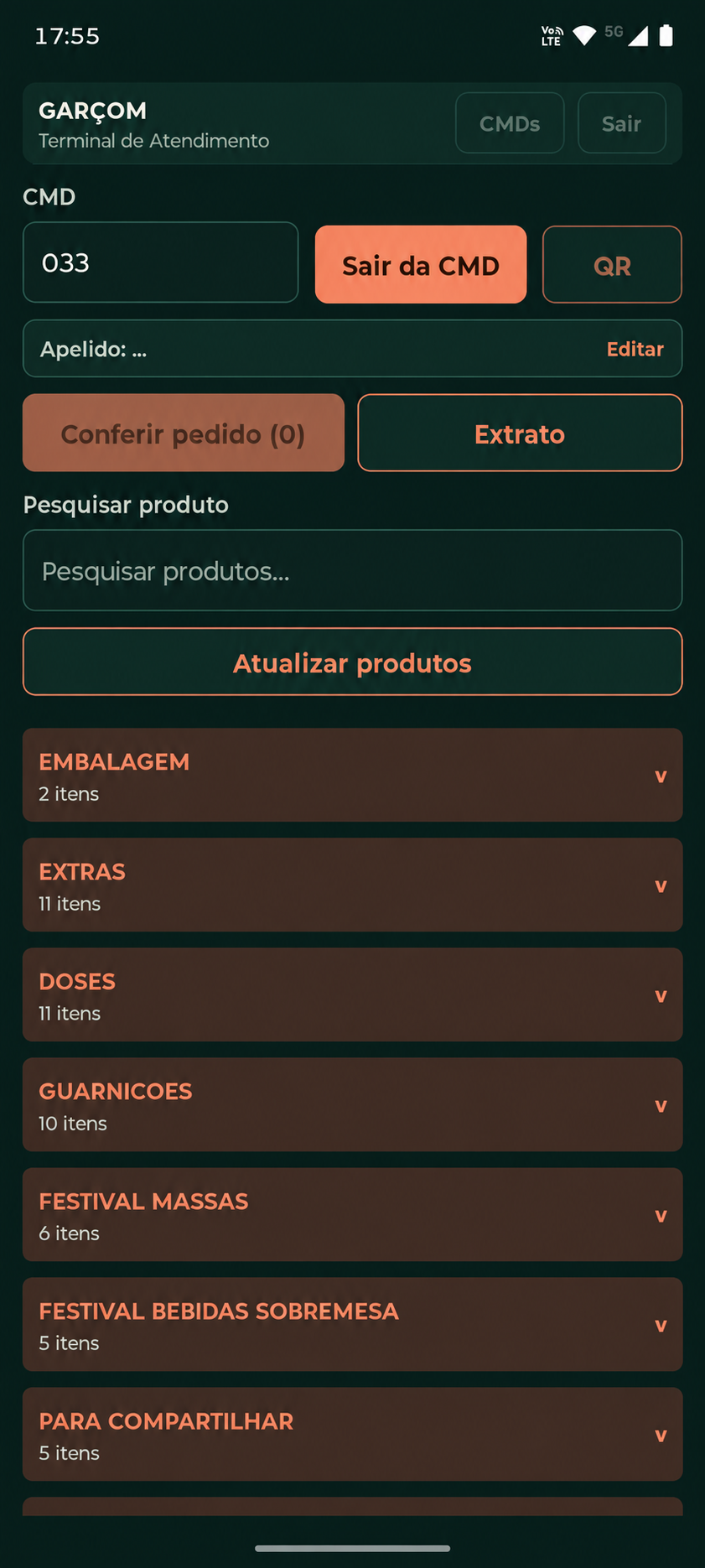 Fluxus Garçom exibindo uma comanda aberta e as categorias de produtos