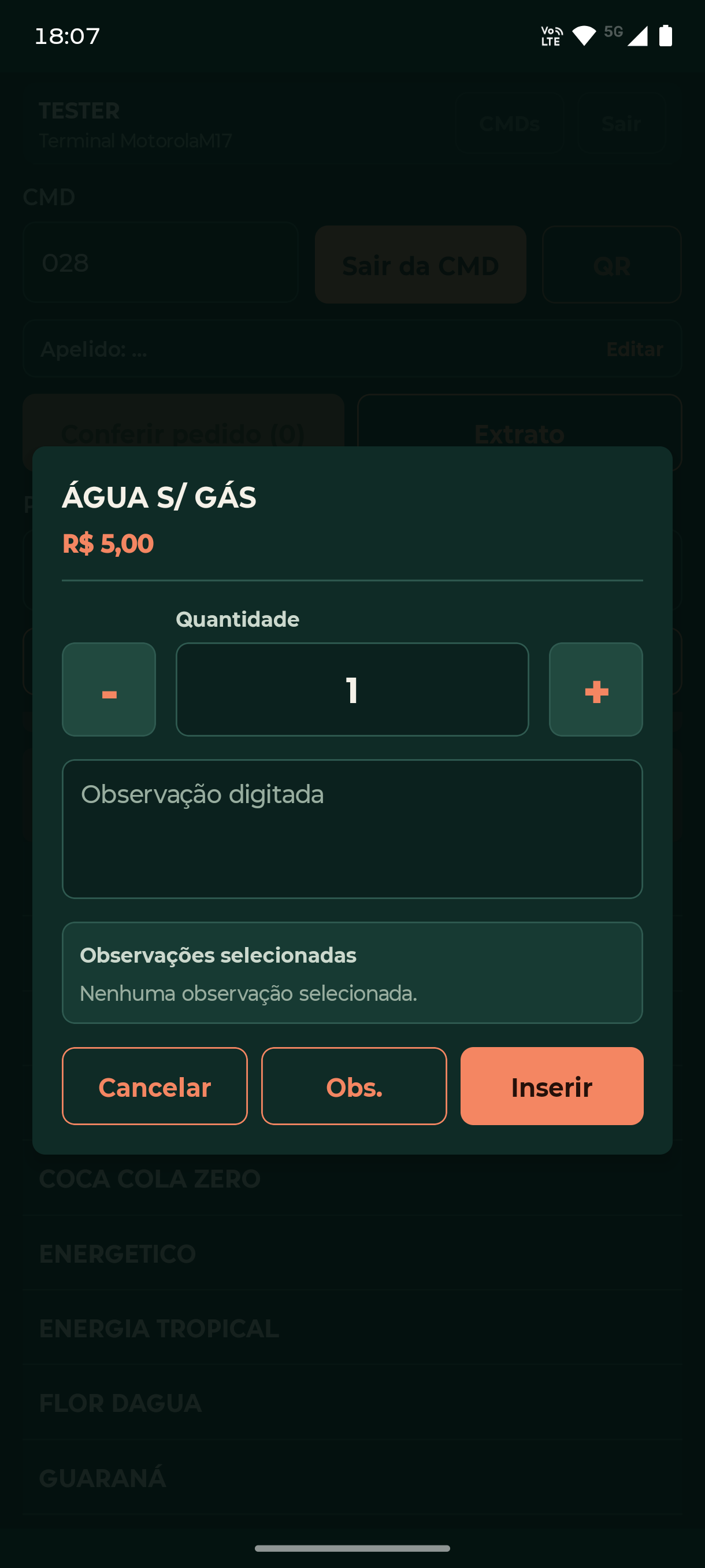 Tela do Fluxus Garçom para ajustar a quantidade e incluir observações em um produto