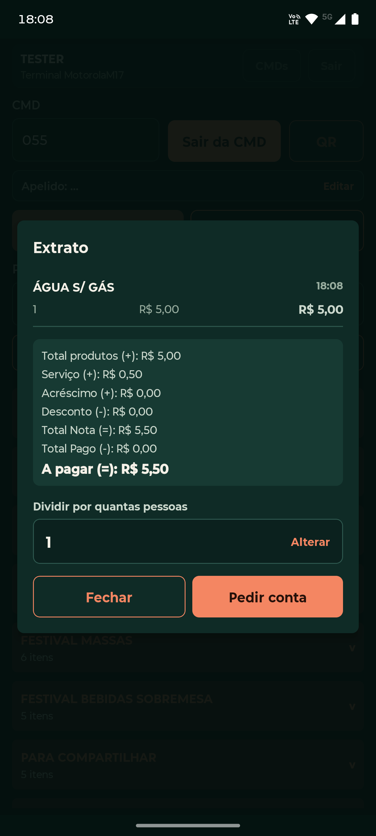 Fluxus Garçom exibindo o extrato de consumo, o saldo e a solicitação da conta
